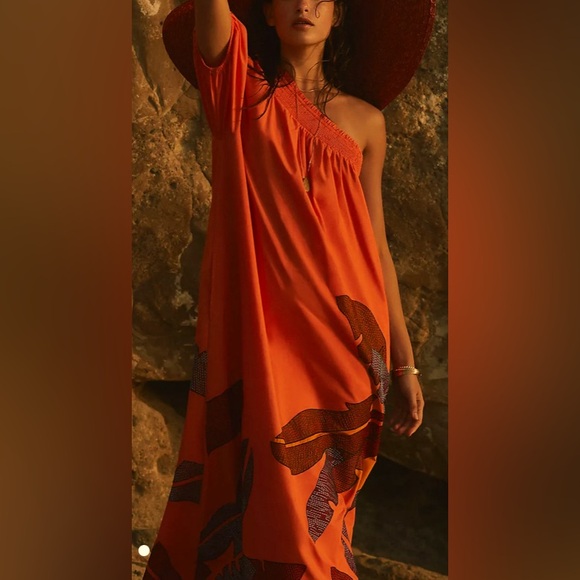 Anthropology One-Shoulder Embroidered Maxi Dress 2 pockets. 100% cotton Orange L - Picture 4 of 13